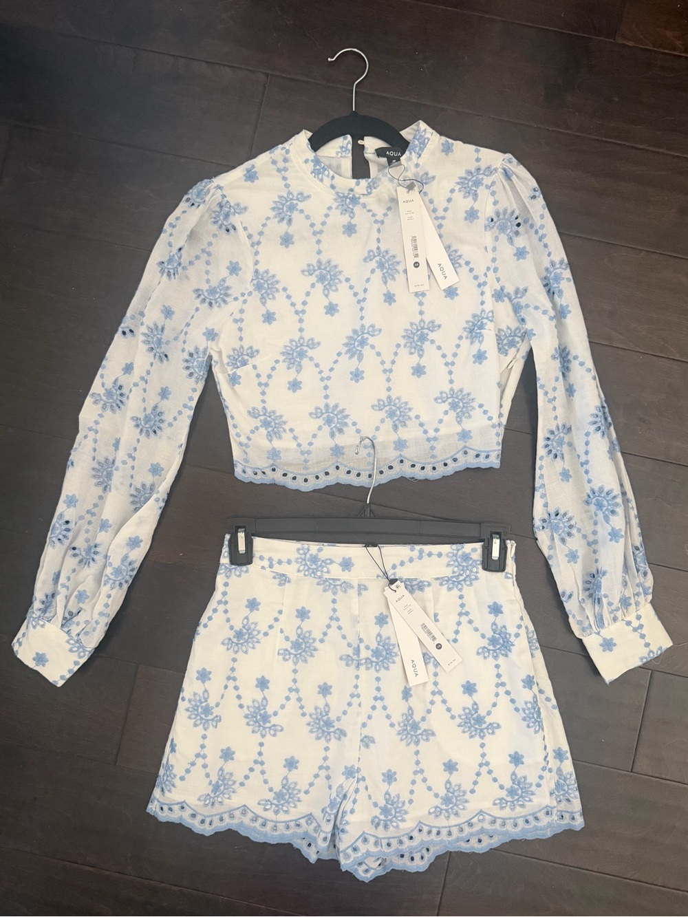 Aqua White Crop Top & Shorts Set with Blue Floral Embroidery